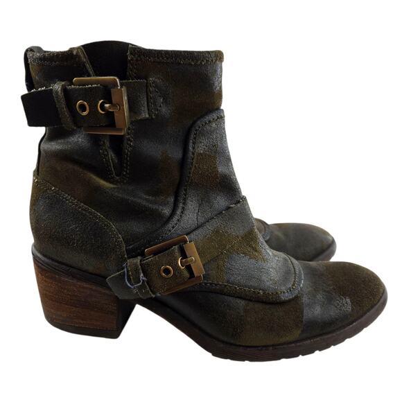 Donald J Pliner Delta Ankle Boots Womens 7 Distressed Olive Green Camo Moto Boho